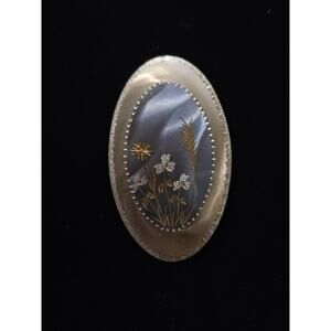 Vintage Phillipe Bovin Two Toned Etched Flower Motif Brooch Stainless Steel Pin